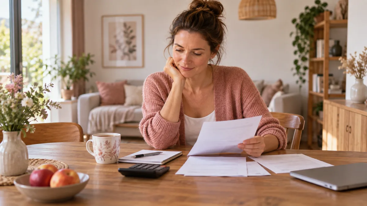 Žena si v klidu prohlíží domácí finance u šálku čaje